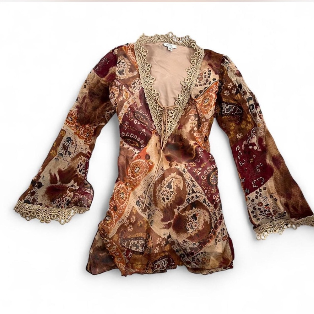 Cache 100% Silk Lined Embellished Deep V Neck Top/Tunic